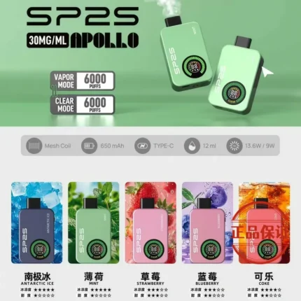SP2S Apollo 12000口熱銷口味推薦，包含草莓、藍莓、可樂、百香果。
